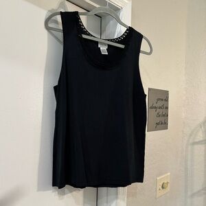 Chico’s Elegant Black Sleeveless Top - crocheted Around Neckline Size 3